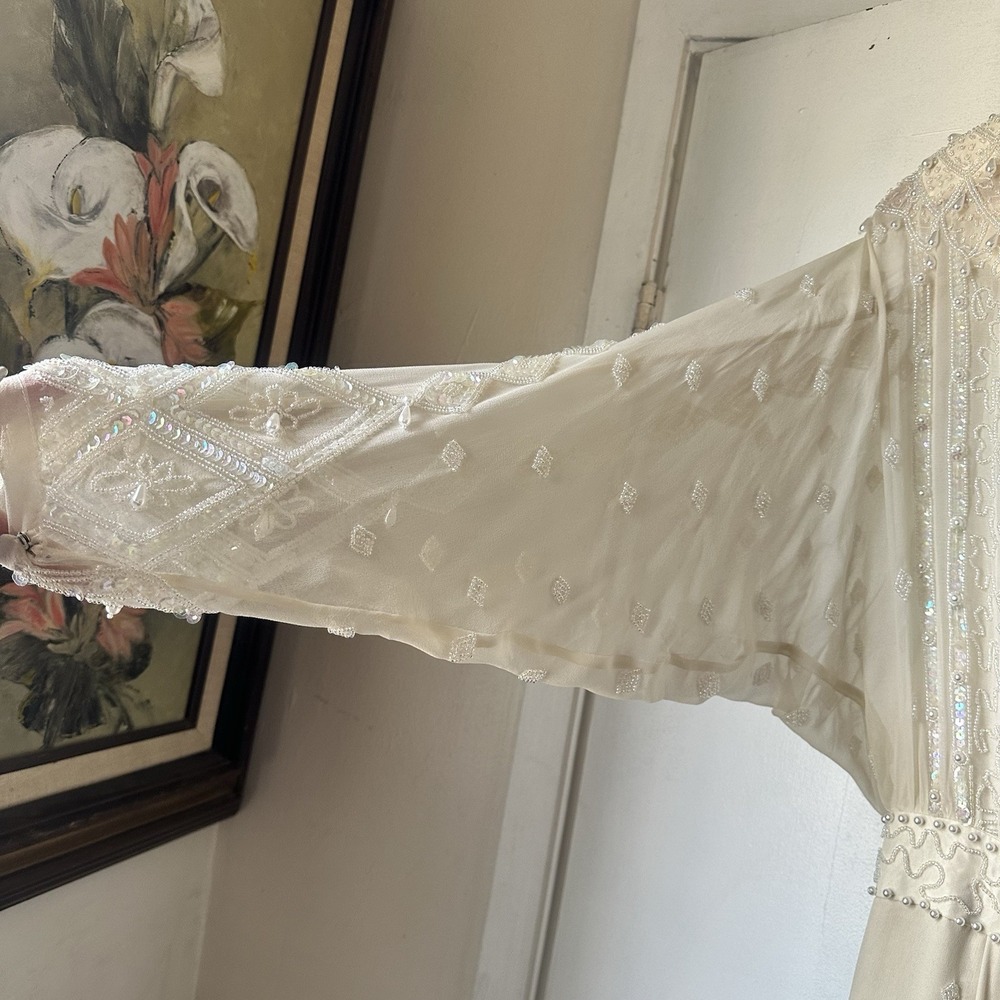 1980s Edwardian Style Heavily Beaded Lillie Ruben Silk Wedding Formal Gown Small - Picture 13 of 16